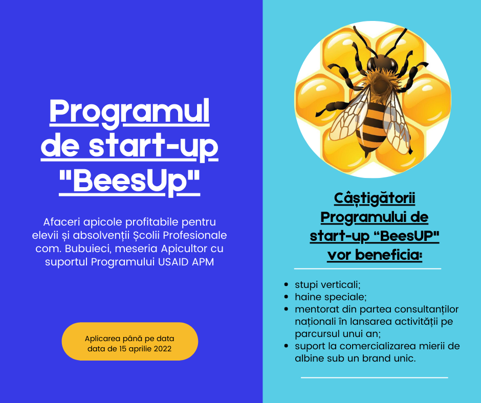 Elevii Școlii Profesionale com. Bubuieci pot beneficia de suport la lansarea unei afaceri în domeniul apiculturii.